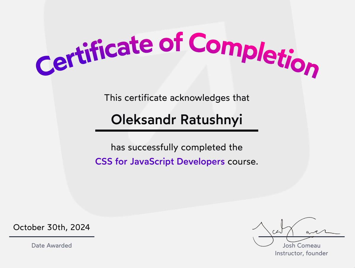 Oleksandr Ratushnyi Josh Comeau: CSS for JS devs